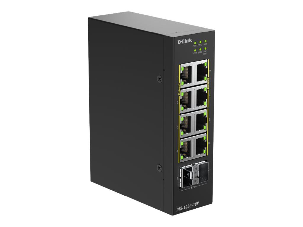 D-LINK Switch Industriel 8 ports Gigabit PoE+ & 2 ports SFP - Budget PoE 240W - Format Rail-DIN - Température étendue -40C/+75C