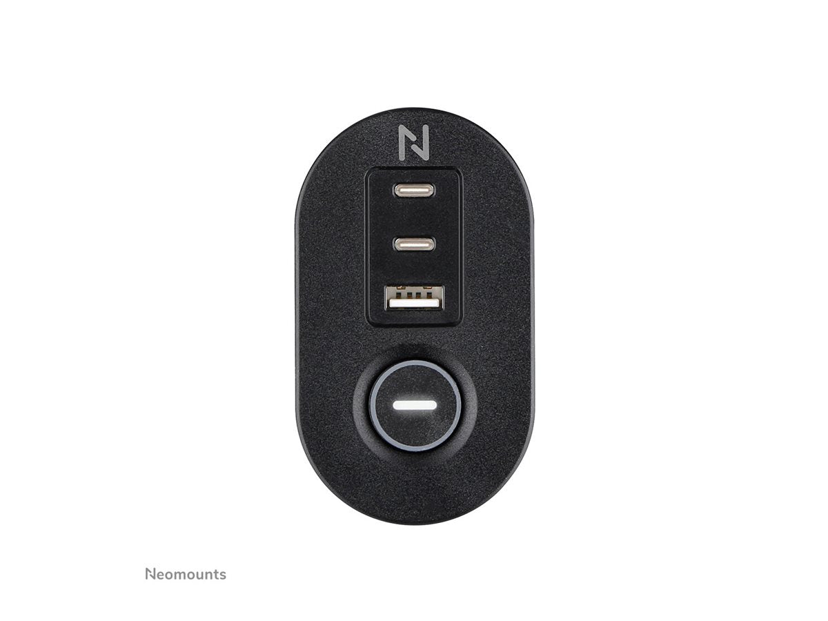 NEOMOUNTS VOLT Desk Clamp socket with Quick-charge USB Ports clamp 0-50mm 3x type-F 230V 1x USB-A 18W 2x USB-C 20W
