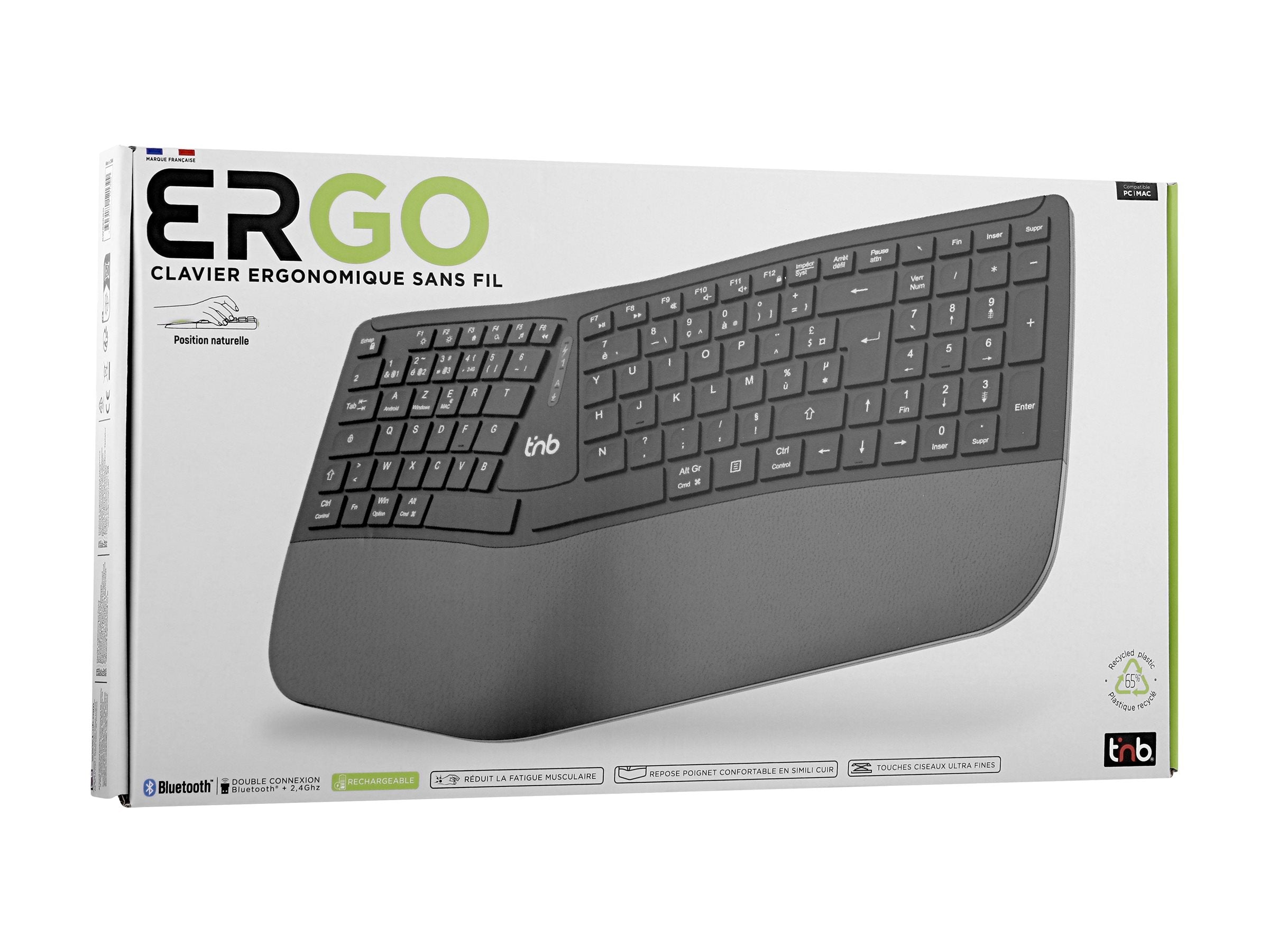 TNB ERGO - Clavier ergonomique sans fil rechargeable Bluetooth + 2.4GHz (FR)