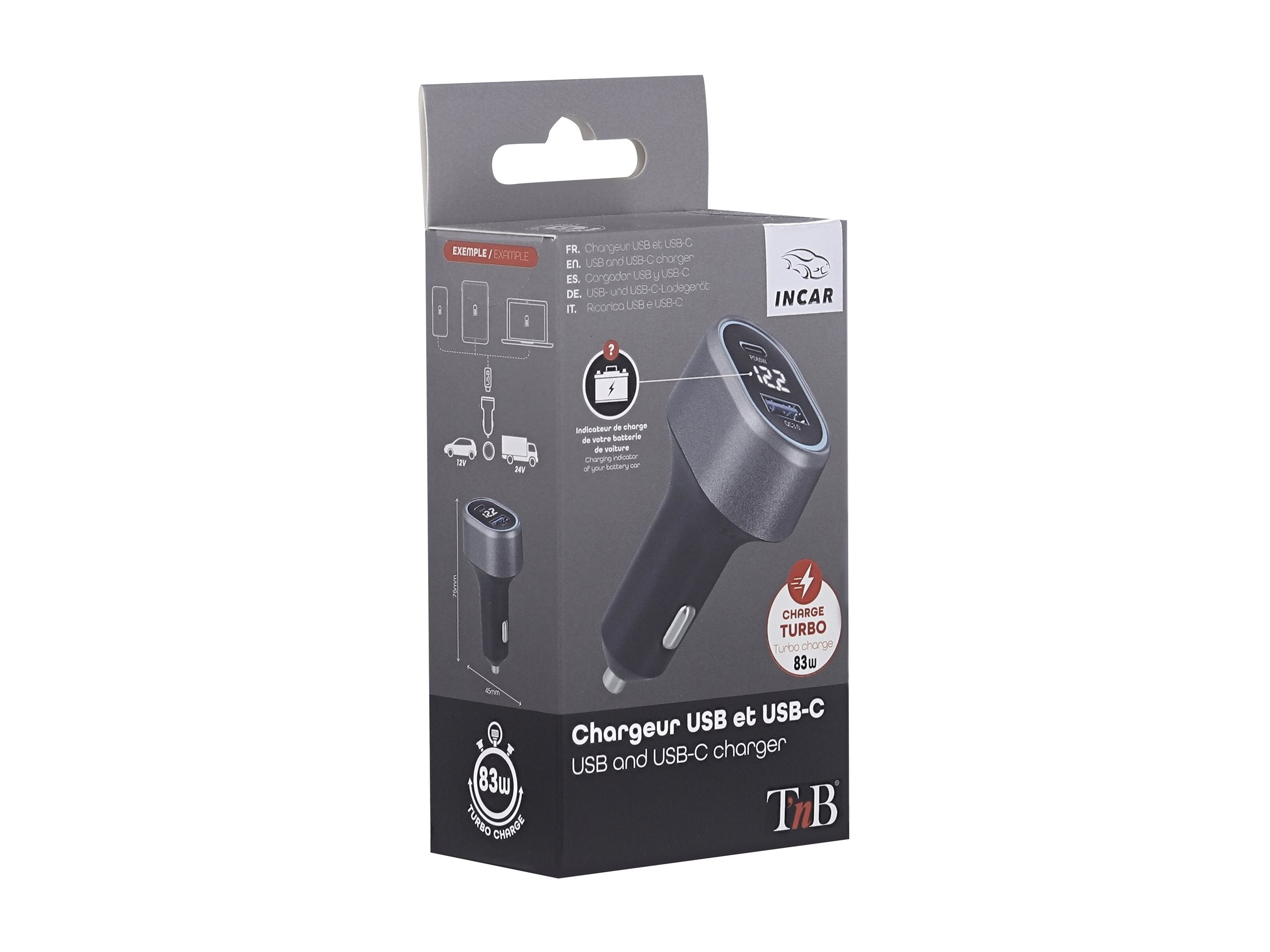 TNB 1x USB and 1x USB-C QC and PD 83W cigarette lighter charger