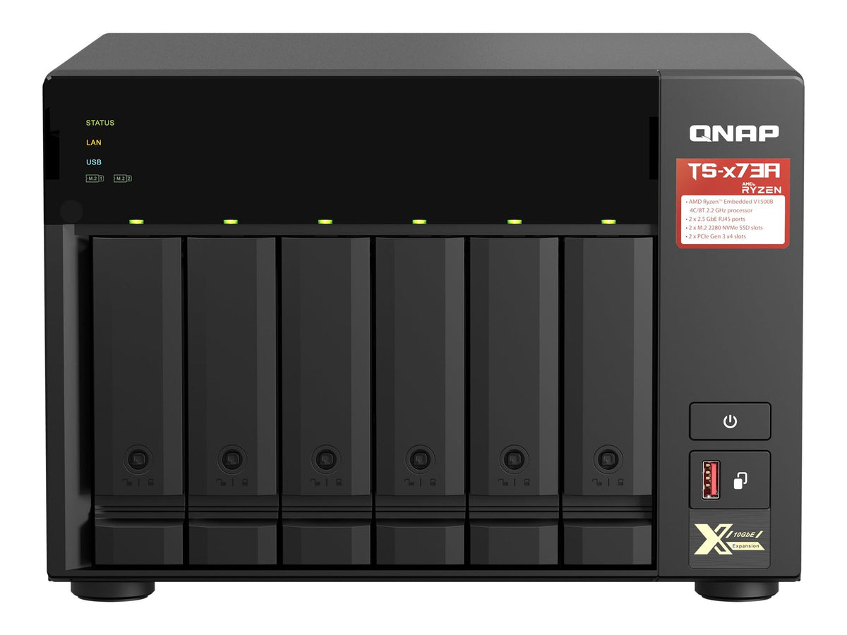 QNAP 6-bay NAS AMD Ryzen Embedded V1500B 2.2GHz 8Go 6xSATA 6Gb/s bays 2xM.2 NVMe PCIe Gen3 SSD slots 2x2.5GbE LAN optional 10GbE