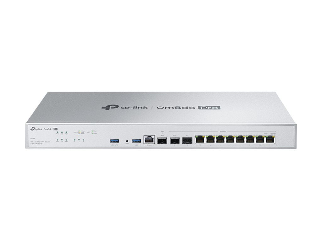 TP-LINK G611 Omada Pro VPN Router 1x 10G SFP+ WAN 1x 10G SFP+ WAN/LAN 1x Gigabit SFP WAN/LAN 8x Gigabit RJ45 WAN/LAN 2x USB3.0