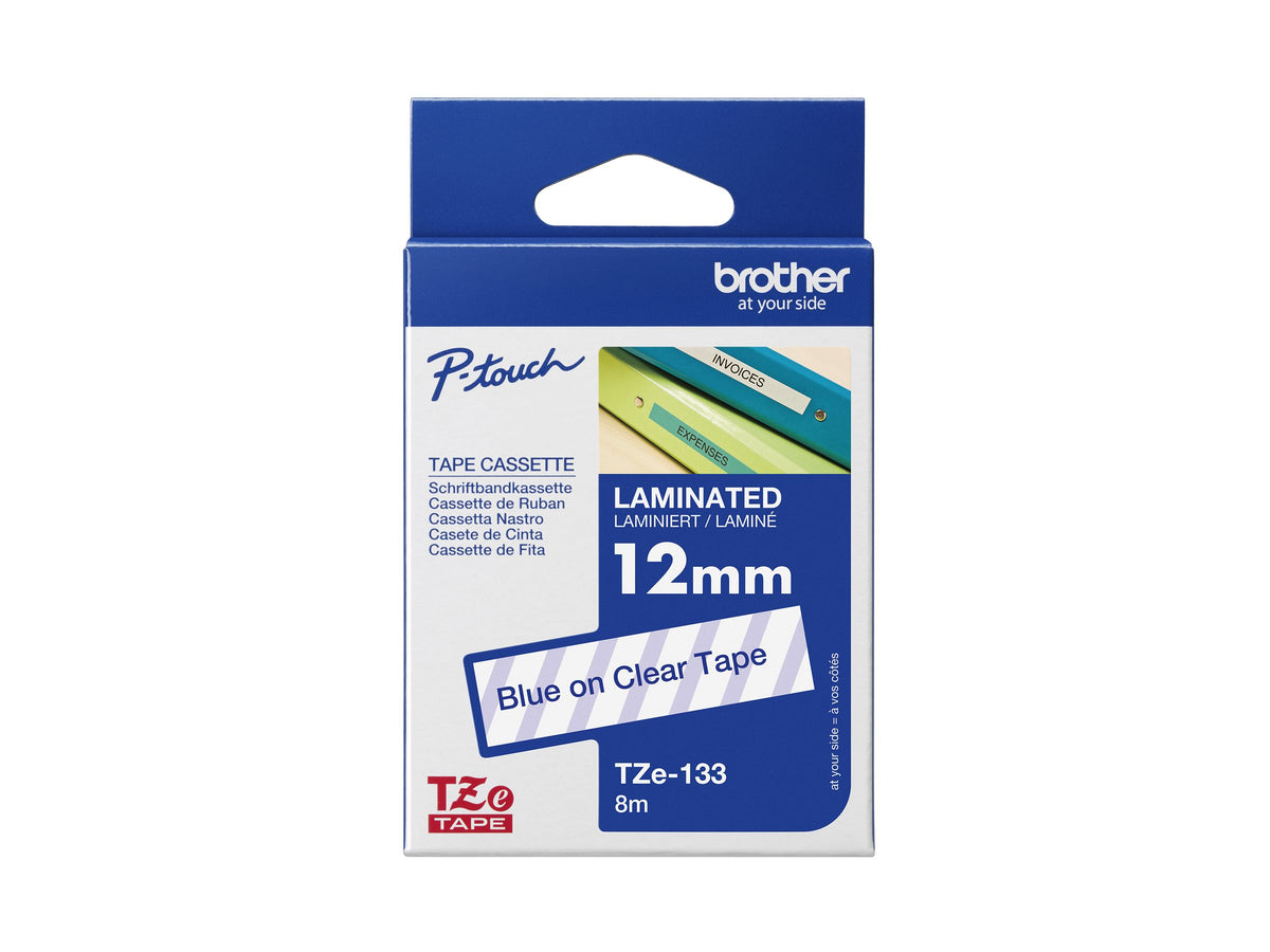 BROTHER Ruban TZe133 12mm Bleu sur fond Transparent Laminé 8M