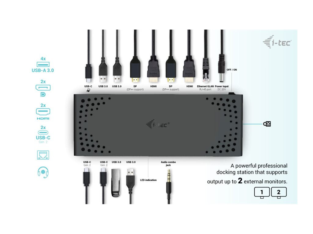 I-TEC USB 3.0/USB-C/Thunderbolt 3 Dualdock 1x5K 2x4K 60Hz 2xDP 2xHDMI 1xGLAN 4xUSB 3.2 2xUSB-C 3.2 Gen.2 1xAudio/Mic Jack PD 100W KL