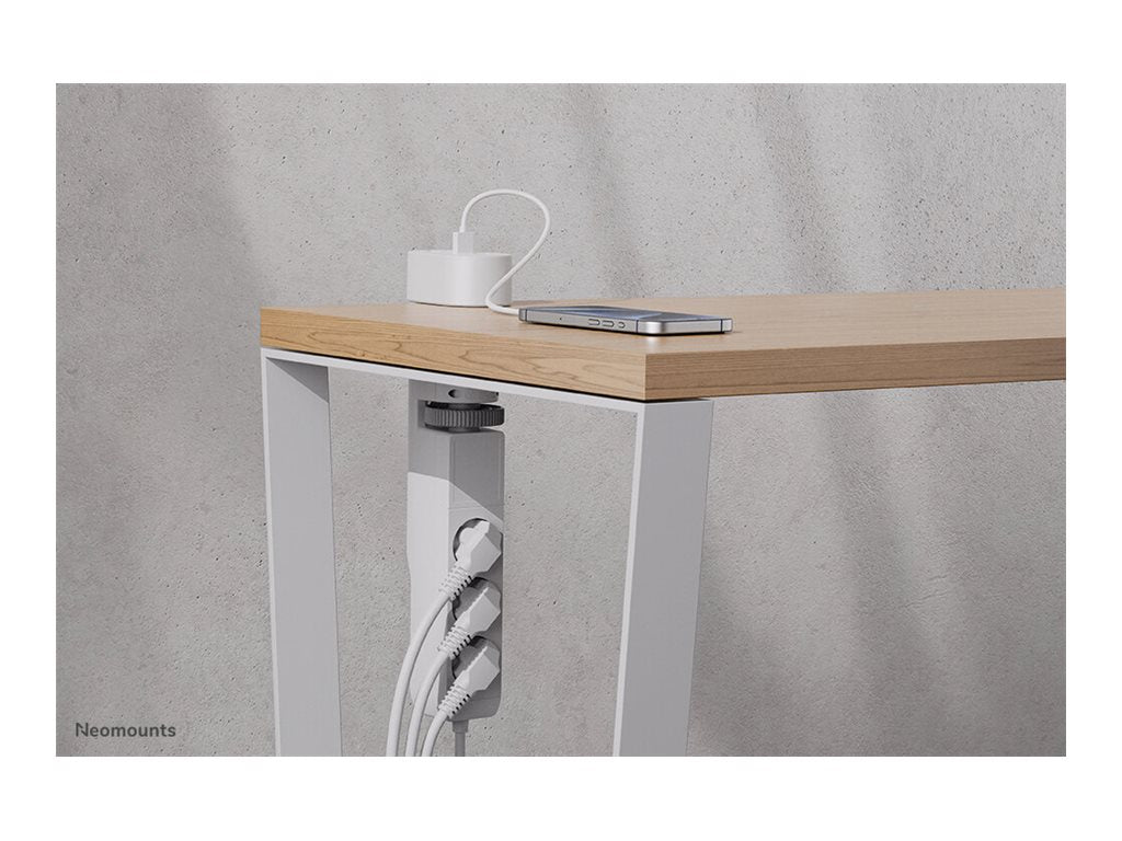 NEOMOUNTS VOLT Desk Clamp socket with Quick-charge USB Ports clamp 0-50mm 3x type-F 230V 1x USB-A 18W 2x USB-C 20W