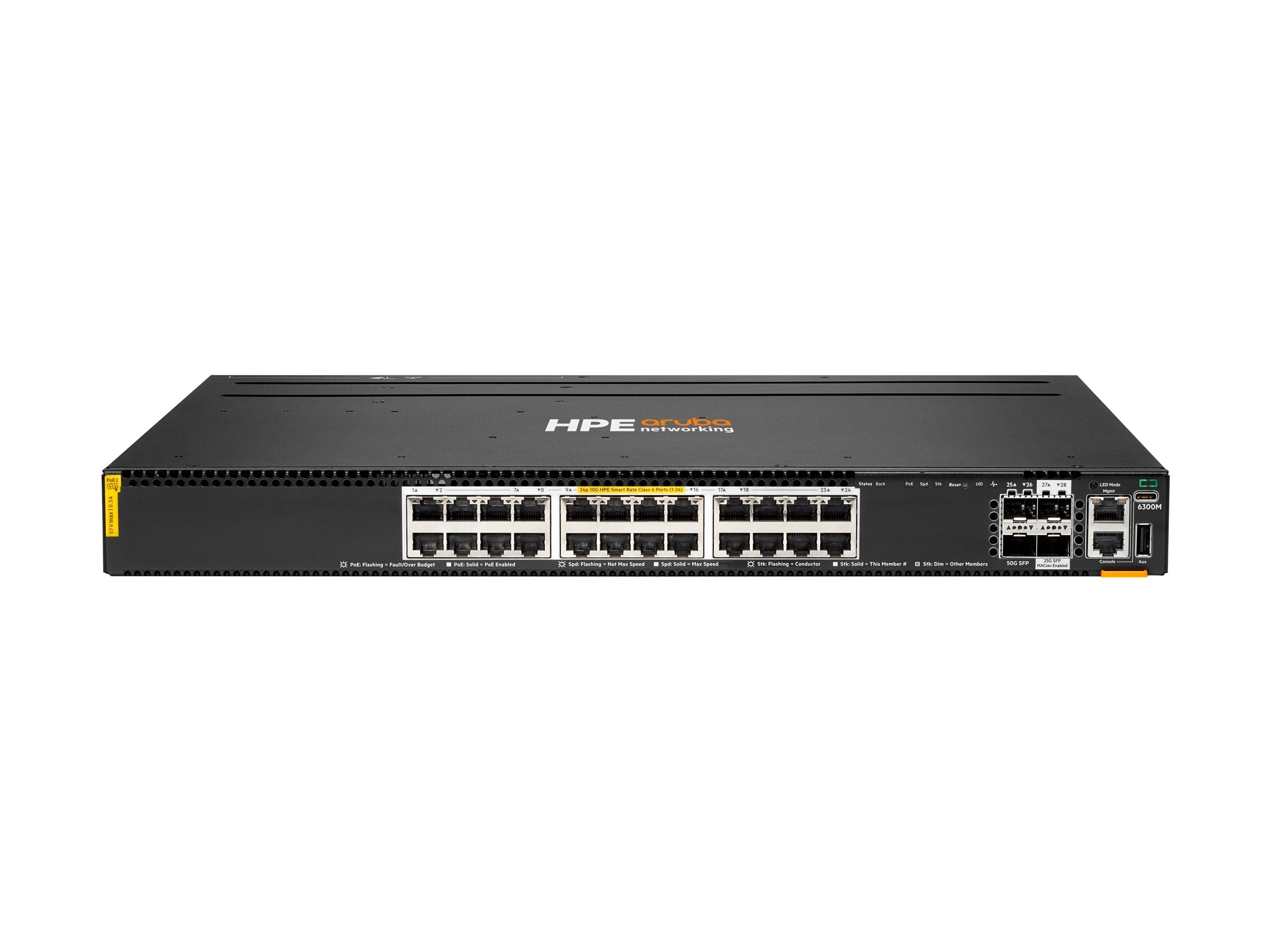 HPE Aruba 6300M Switch 24 Port Smart Rate 1/2.5/5/10G Class 6 PoE and 2 Port 50G and 2 Port 25G, Layer 3, Stackable, 1U, One Touch