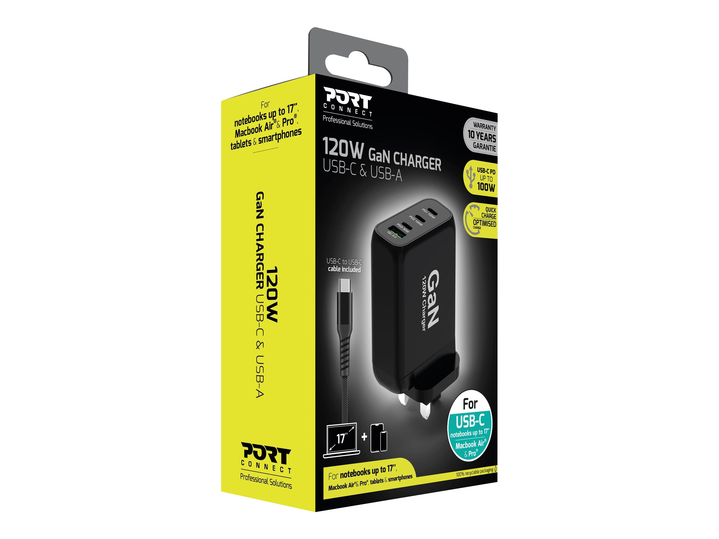 PORT DESIGNS 120W Gan Charger USB-C & USB-A Gallium Nitride Gan Technology More Efficient Smaller Lighter And Less Energy Consuming