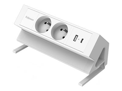 FELLOWES PRISE POUR BUREAU ÉLECTRIQUE TYPE E - BLANC Équipé de 2 x prise de courant 230v 1 x port USB-A 18w max et 1 x port USB-C
