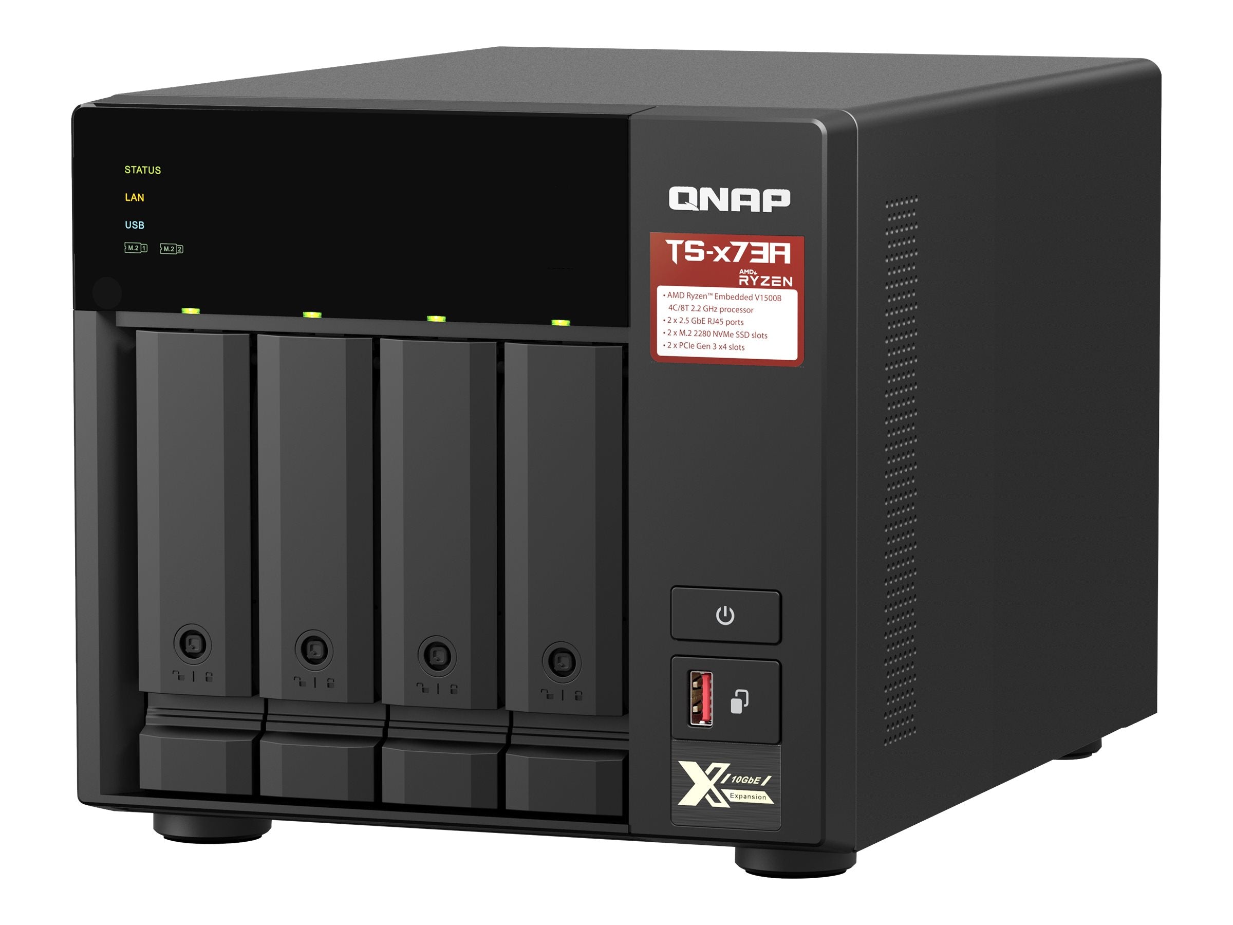QNAP TS-473A-8G NAS AMD Ryzen Embedded V1500B 8Go SO-DIMM DDR4 4x 2.5/3.5inch SATA 6Gbps 2x M.2 2280 NVMe PCIe Gen3 x1 slots