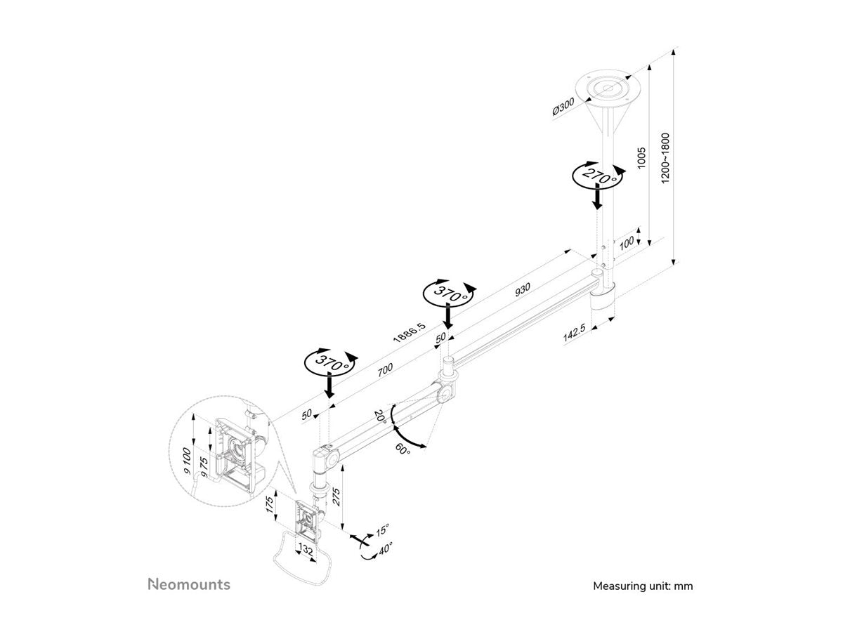NEOMOUNTS FPMA-HAC100 Support plafond pour écran médical 10-24p - h 0-170 cm - ressort à gaz
