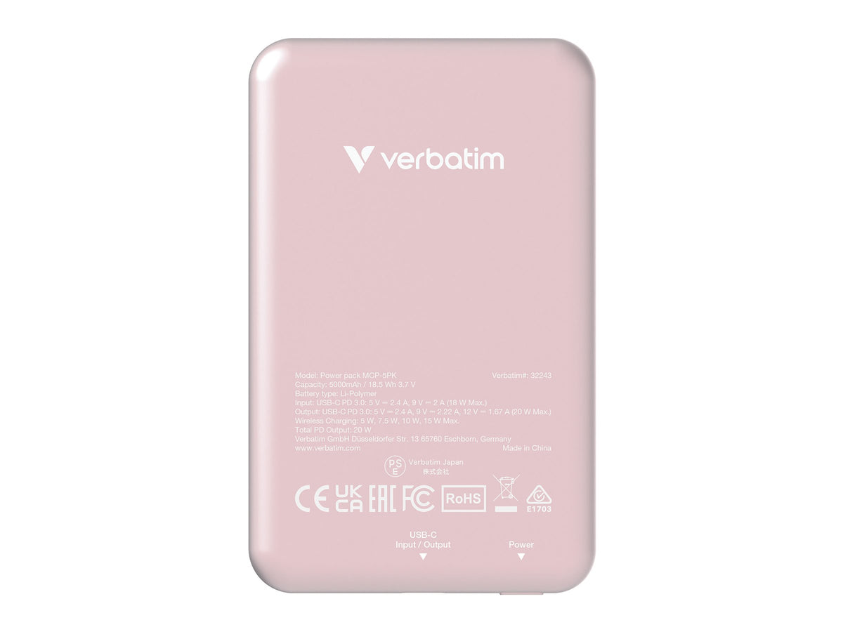 VERBATIM CHARGE N GO MAGNETIC WIRELESS POWER BANK 5000 PINK WCF (P)