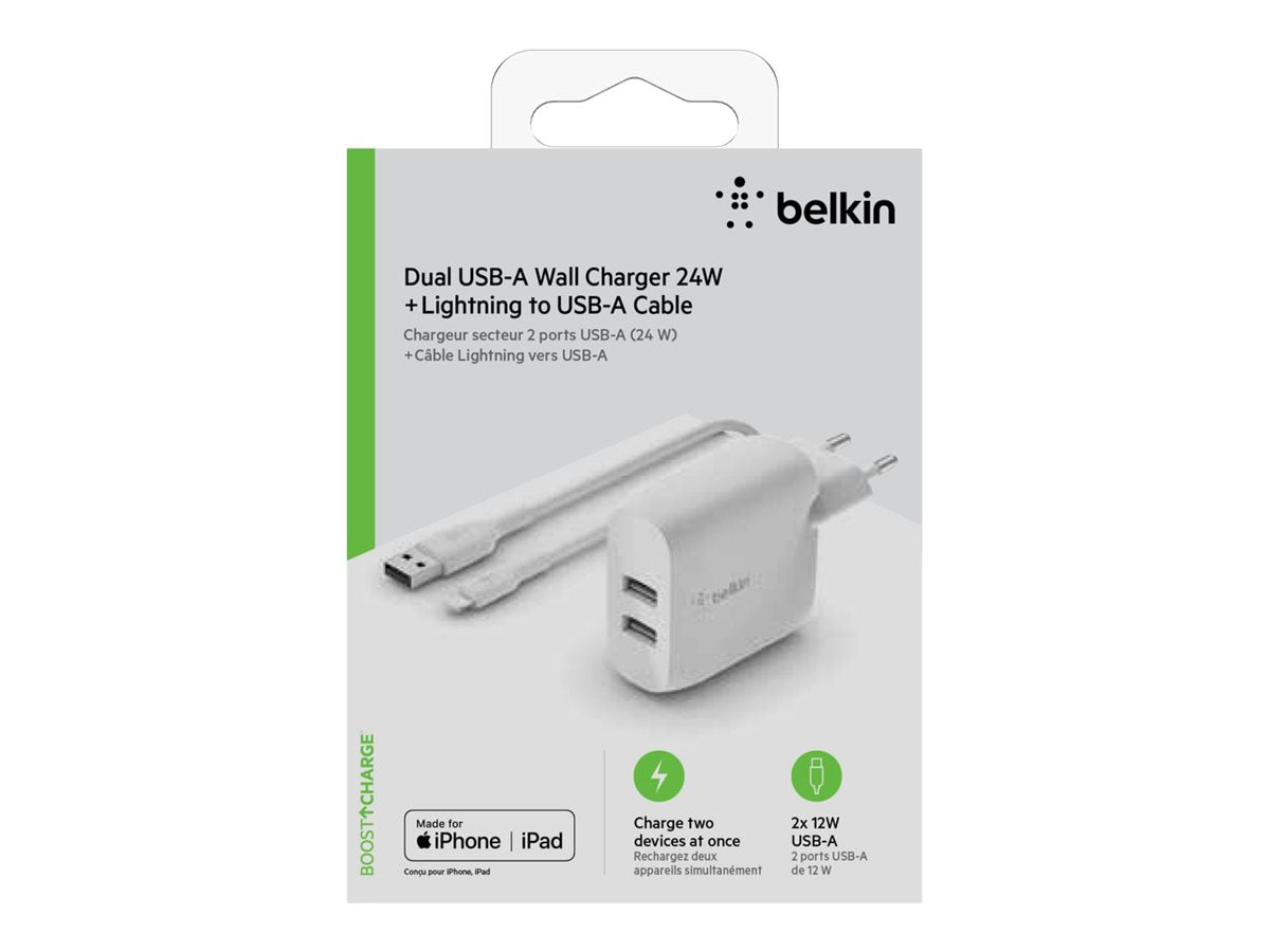 BELKIN BOOST CHARGE 24w USB-A Dual  Wall Charger w/ 1m A-LTG White