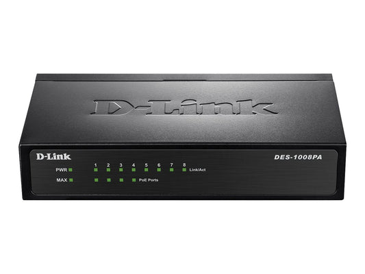D-LINK Switch metallique Fast Ethernet non manageable 8 ports 10/100Mbps dont 4 ports PoE - format bureau