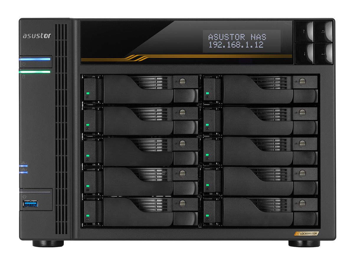 ASUSTOR LOCKERSTOR 10 GEN 3 AS6810T NAS 10 baies AMD Ryzen Embedded V3C14 16Go ECC DDR5 - 10 GbE x2 - 5 GbE x2 - 4x M.2 SSD