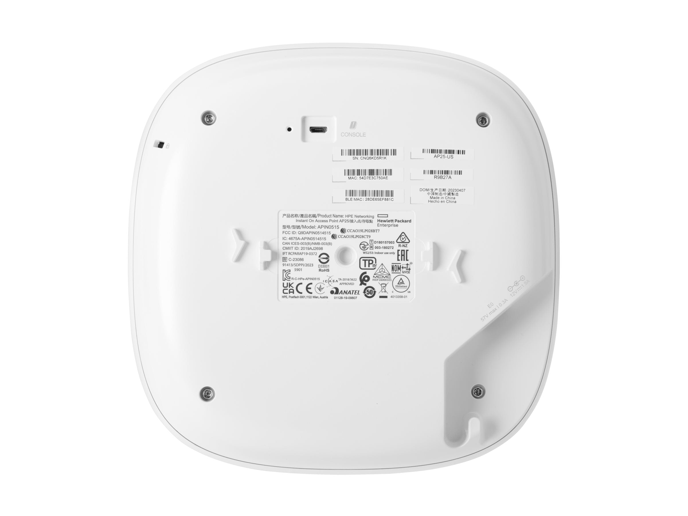 HPE Networking Instant On AP25 (RW) Borne daccès sans fil Wi Fi 6 Bluetooth 2.4 GHz 5 GHz géré par le Cloud BTO plafond/mur