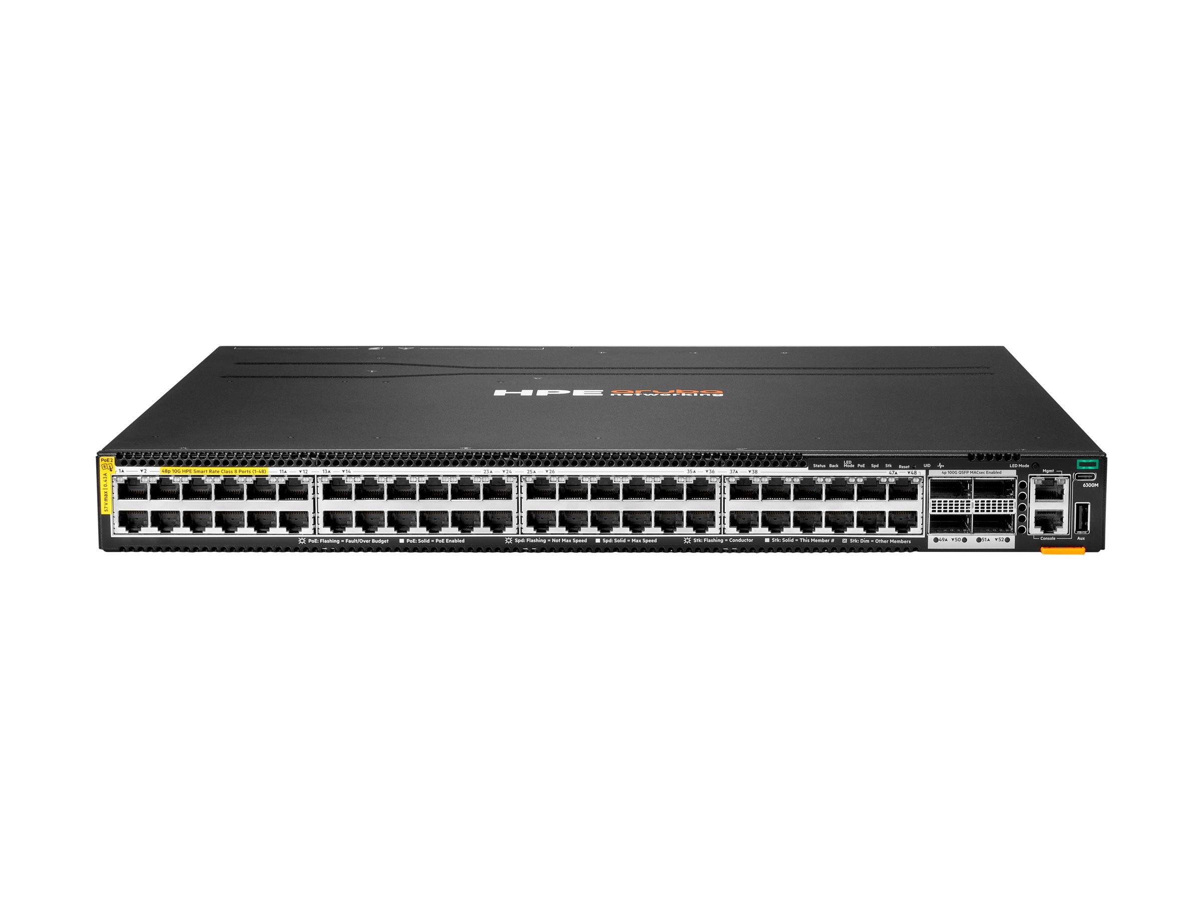 HPE Aruba Networking 6300M 48p SR10 1G/2.5G/5G/10G PTP/AVB Class8 PoE and 4p 100G MACsec Switch