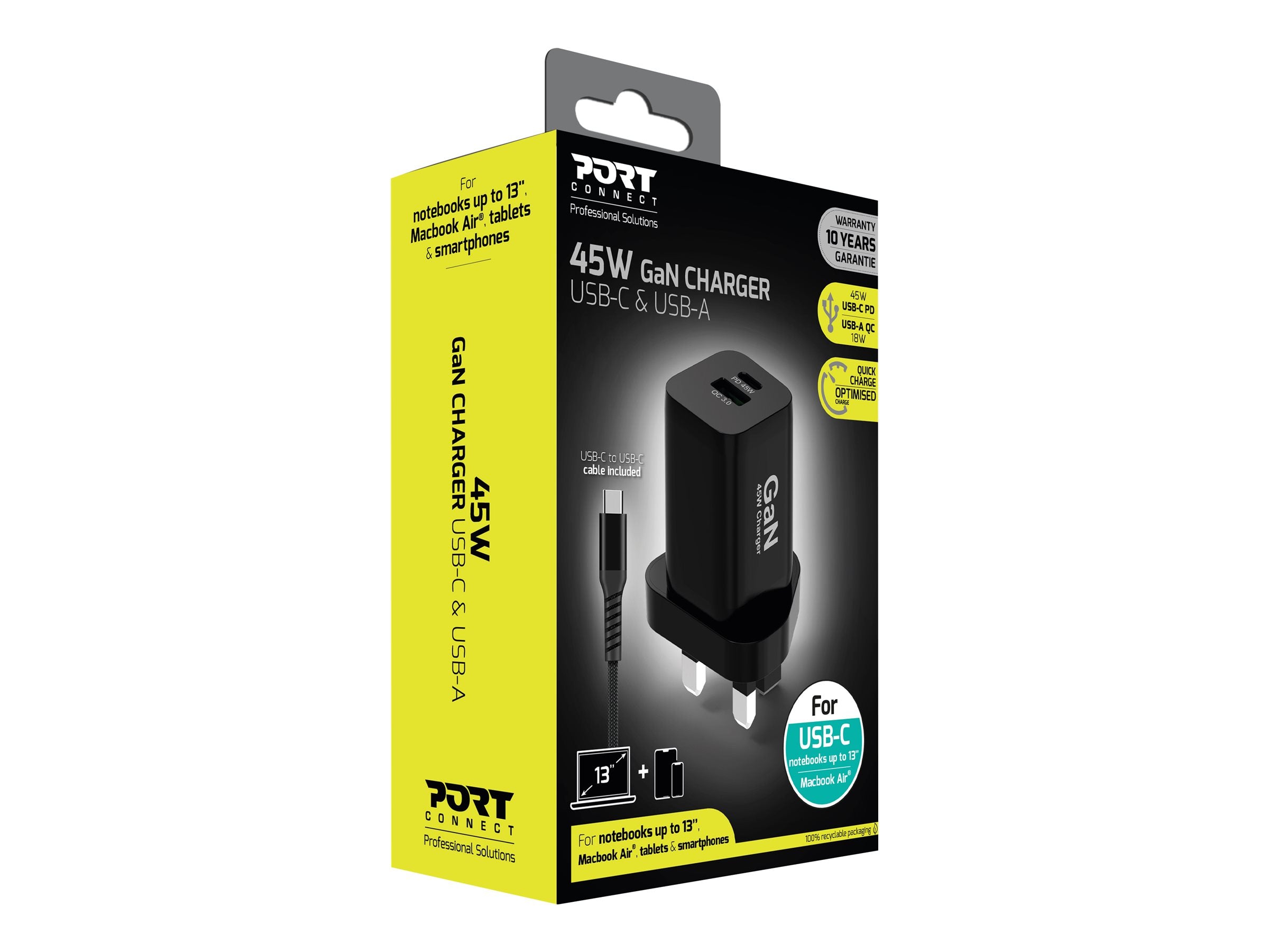 PORT DESIGNS 65W Gan Charger USB-C & USB-A Gallium Nitride Gan Technology More Efficient Smaller Lighter And Less Energy Consuming