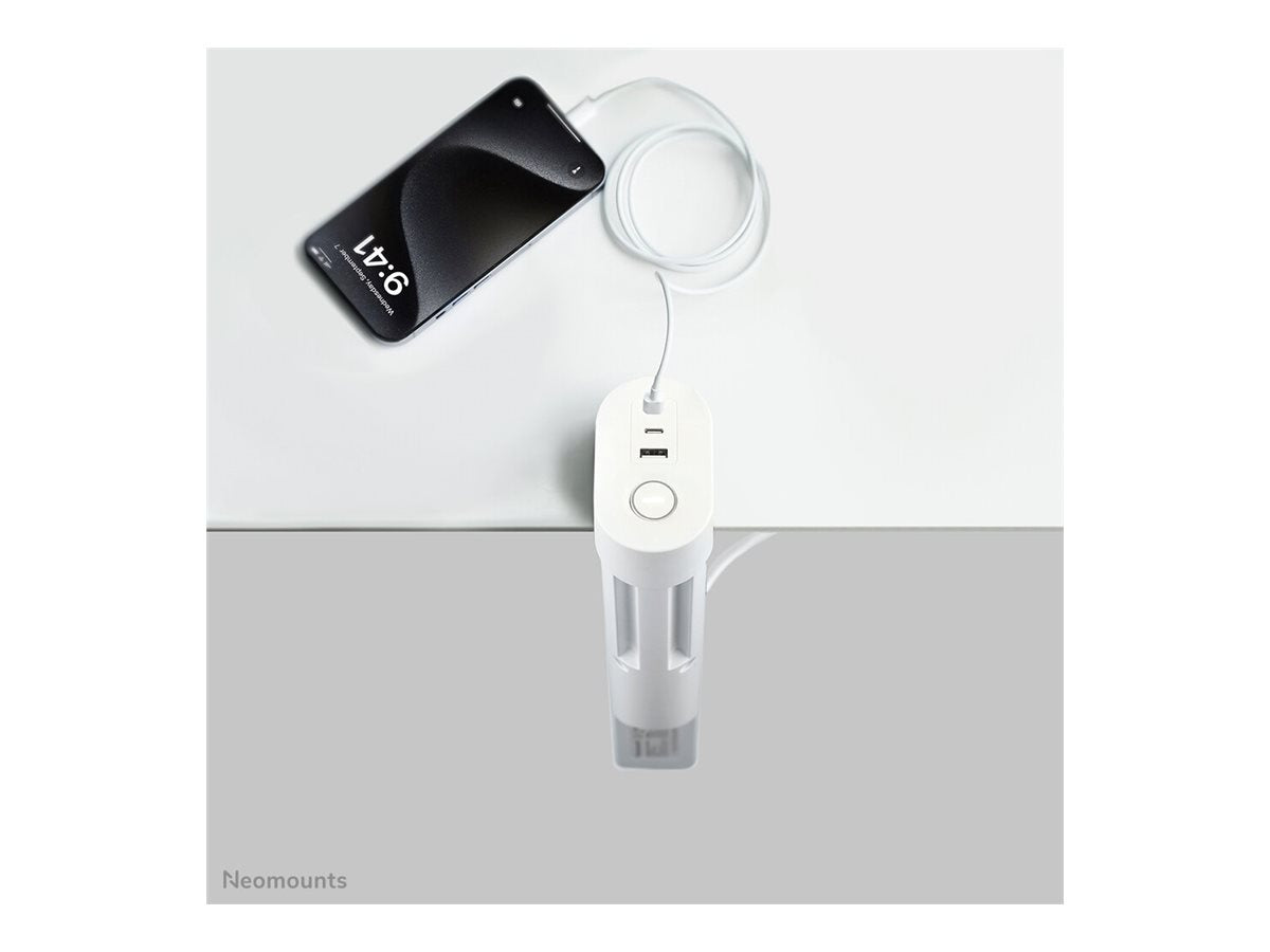 NEOMOUNTS VOLT Desk Clamp socket with Quick-charge USB Ports clamp 0-50mm 3x type-F 230V 1x USB-A 18W 2x USB-C 20W