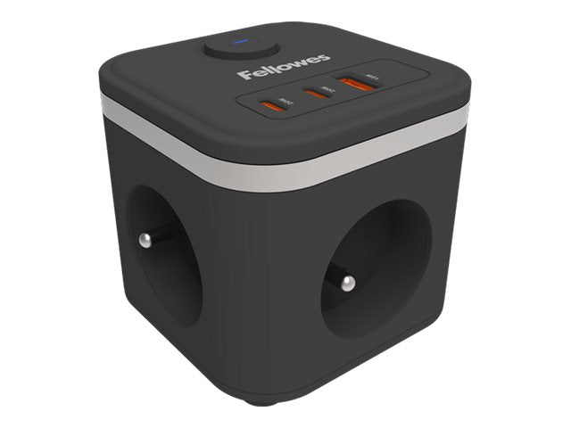 FELLOWES POWER CUBE TYPE E - NOIR MULTI PRISE Équipé de 3 x prises de courant 230v 1 x port USB-A 18W max et 2 x ports USB-C 20W max
