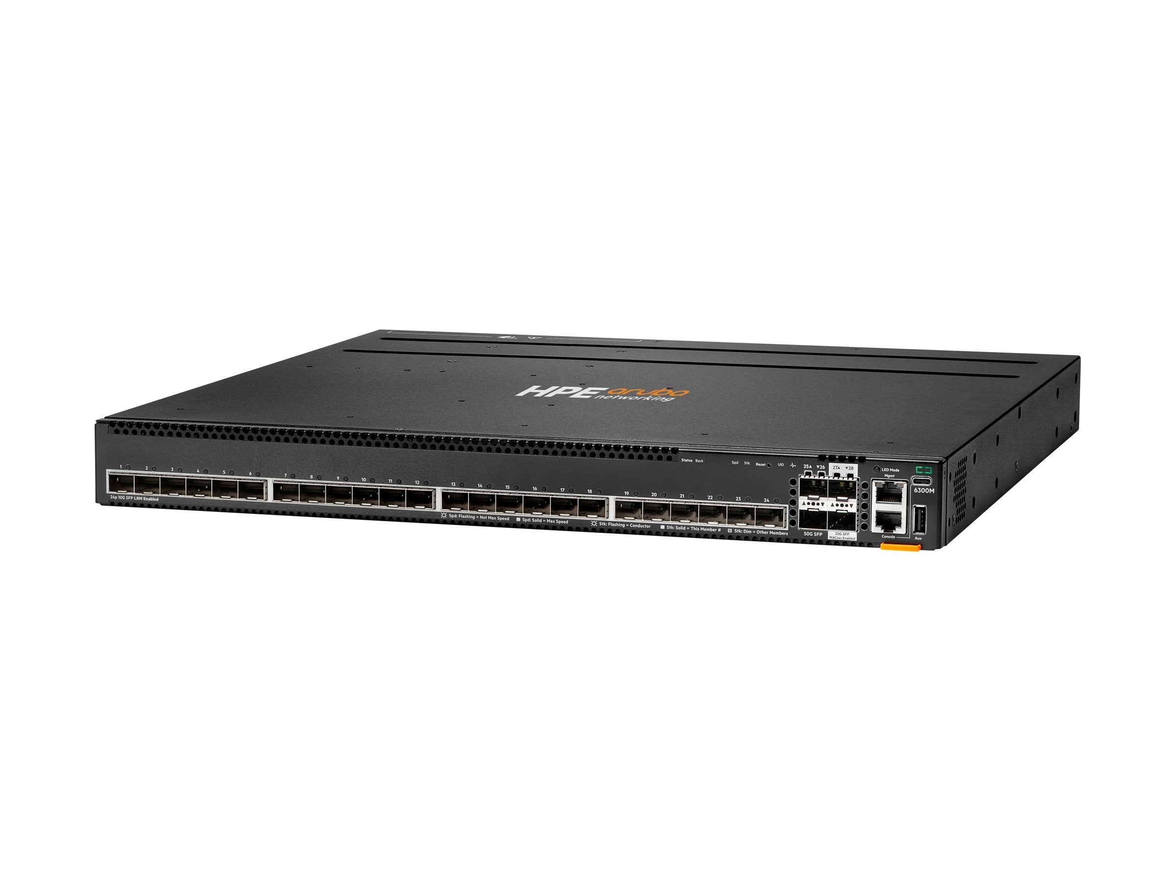 HPE Aruba 6300M Switch 24 Port SFP+ LRM Support 2 Port 50G and 2 Port 25G MACsec Layer 3 Stackable 1U One Touch