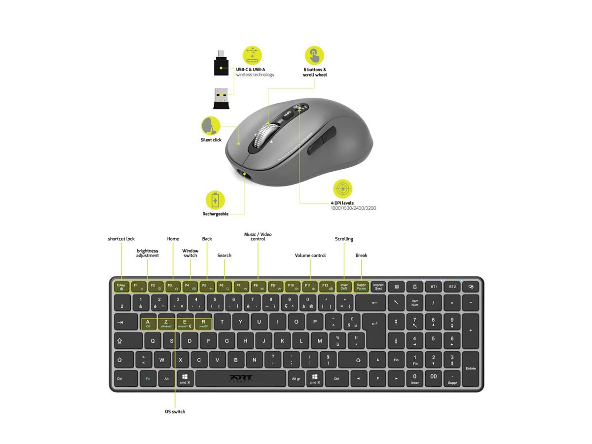 PORT DESIGNS Pack Keyboard Compact + Mouse Expert Rechargeable Combo BT+RF (FR)