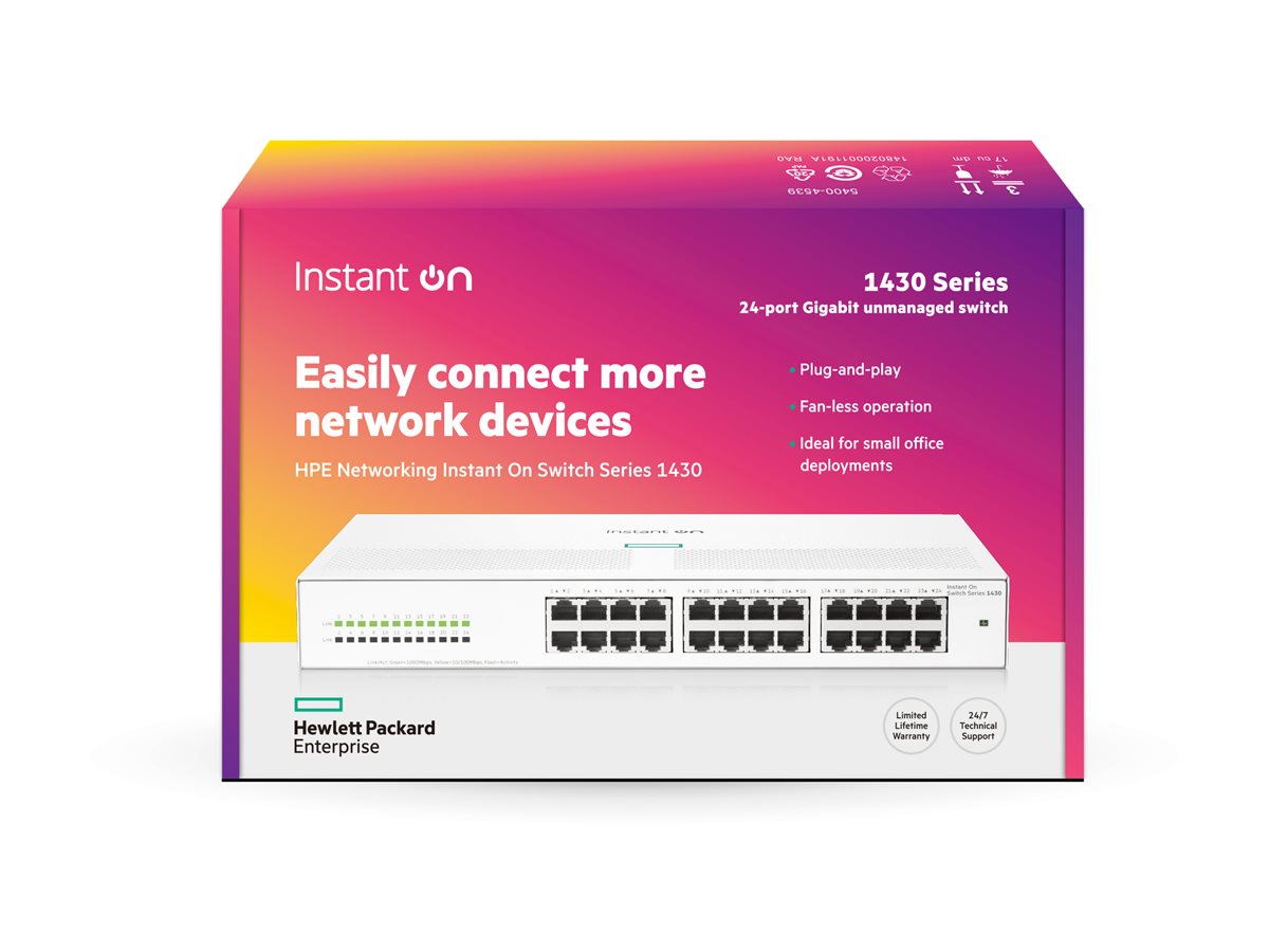 HPE Networking Instant On 1430 24G Switch Commutateur non géré 24 x 10/100/1000 de bureau Montable sur rack fixation murale BTO