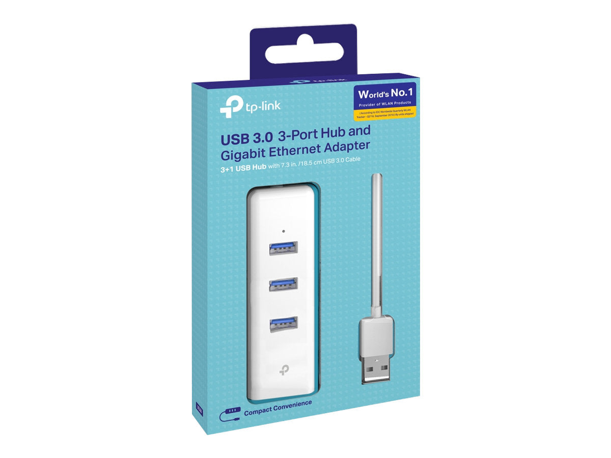 TP-LINK USB 3.0 to Gigabit Ethernet Network Adapter 3-Port USB 3.0 Hub 1 USB 3.0 connector 1 Gigabit Ethernet port 3 USB 3.0 ports