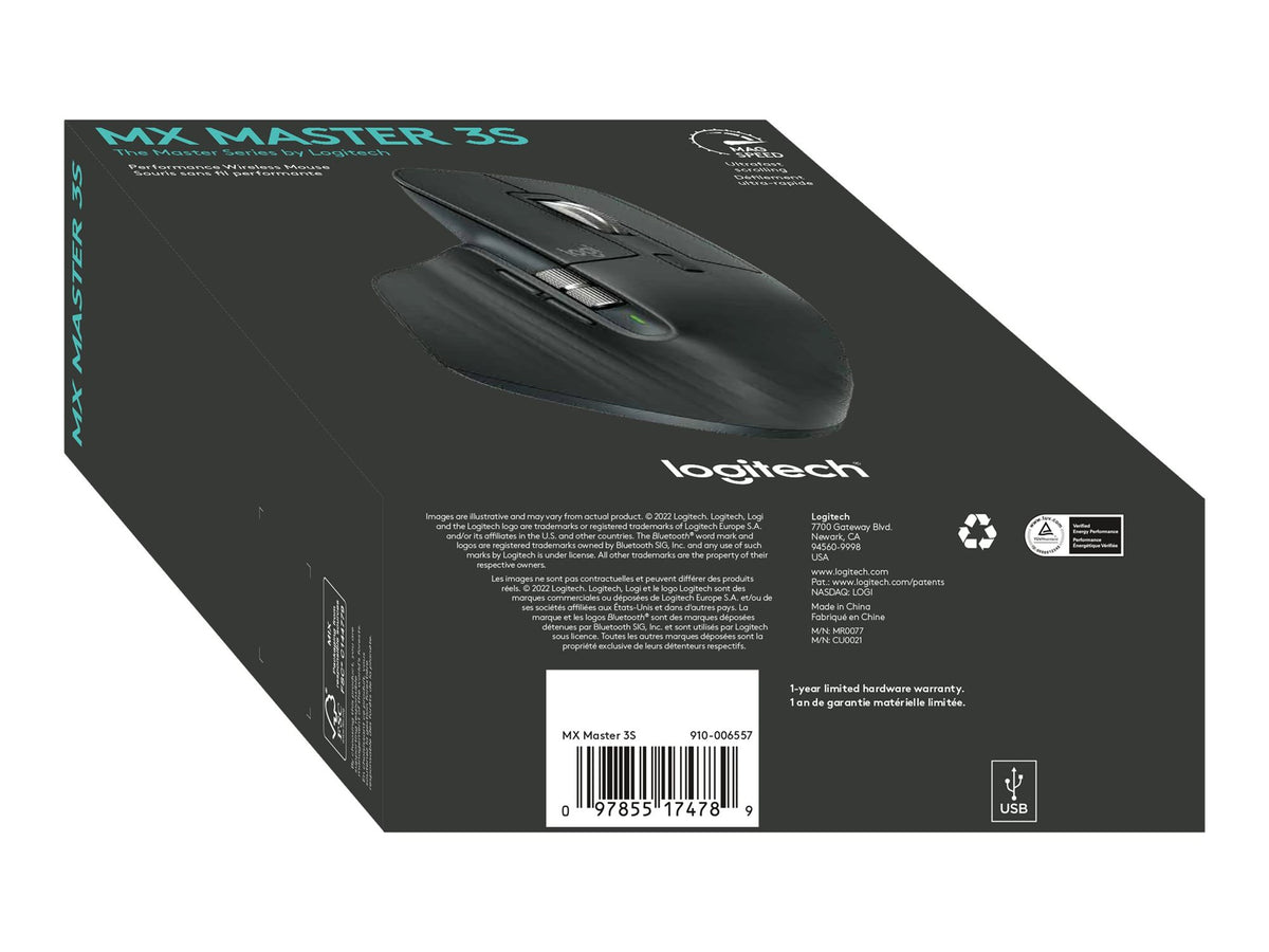 LOGITECH Master Series MX Master 3S Mouse ergonomic optical 7 buttons wireless Bluetooth 2.4 GHz Bolt USB receiver