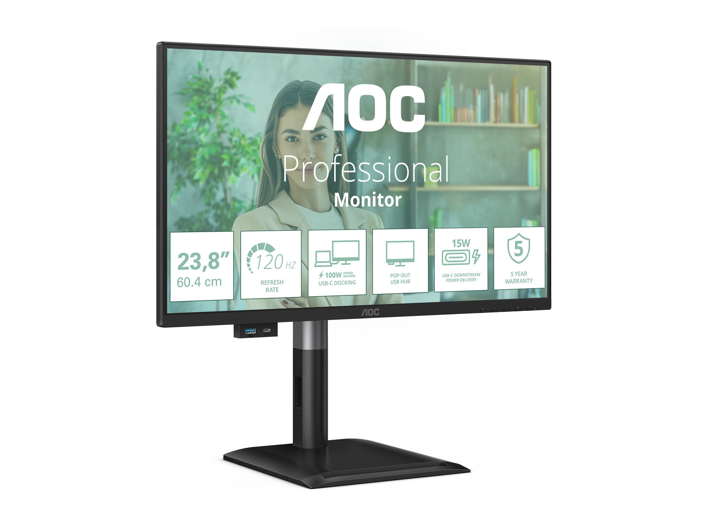 AOC 24P4CV 23.8p IPS FHD 120Hz 4ms HDMI DP USB C PD96W HUB USB Speakers HAS 150mm