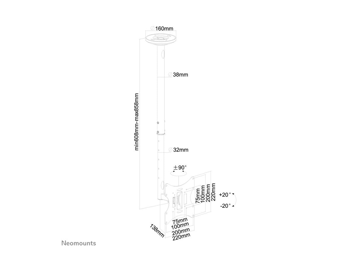 NEOMOUNTS FPMA-C060BLACK Support de plafond pour écran de 10-40p - h 60-85 cm