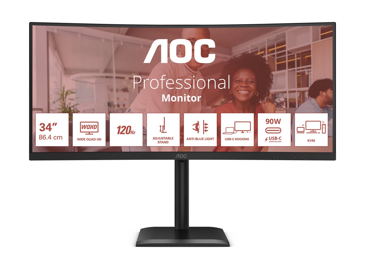 AOC CU34E4CV - Écran incurvé - 34i - 3440 x 1440 UWQHD 120 Hz - VA - 3500:1 - HDR10 - 4 ms - 2xHDMI DP USB-C -HP- GAR 5 ans