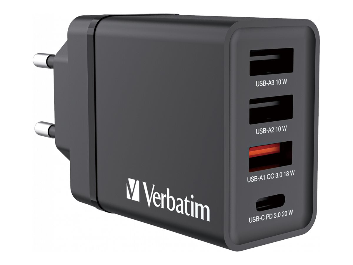 VERBATIM CHR-30EU1 USB CHARGER 30W WITH 1 X USB-C PD 20W / 1 X USB-A QC 3.0 / 2 X USB-A 10W BLACK EU WCF (P)