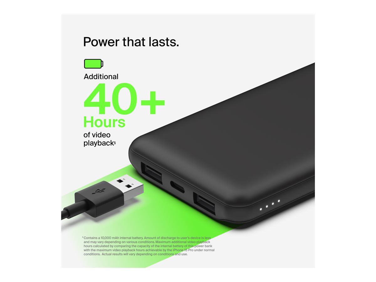 BELKIN Batterie externe 3 ports 10K avec câble USB-A vers USB-C noir