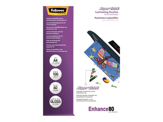 FELLOWES Pochettes SuperQuick brillantes A4 80 microns - Pack de 100