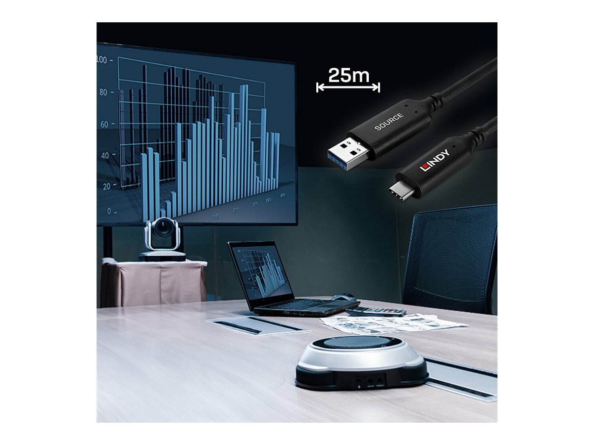 LINDY 25m USB 3.2 Gen 1 Type A to C Hybrid Cable