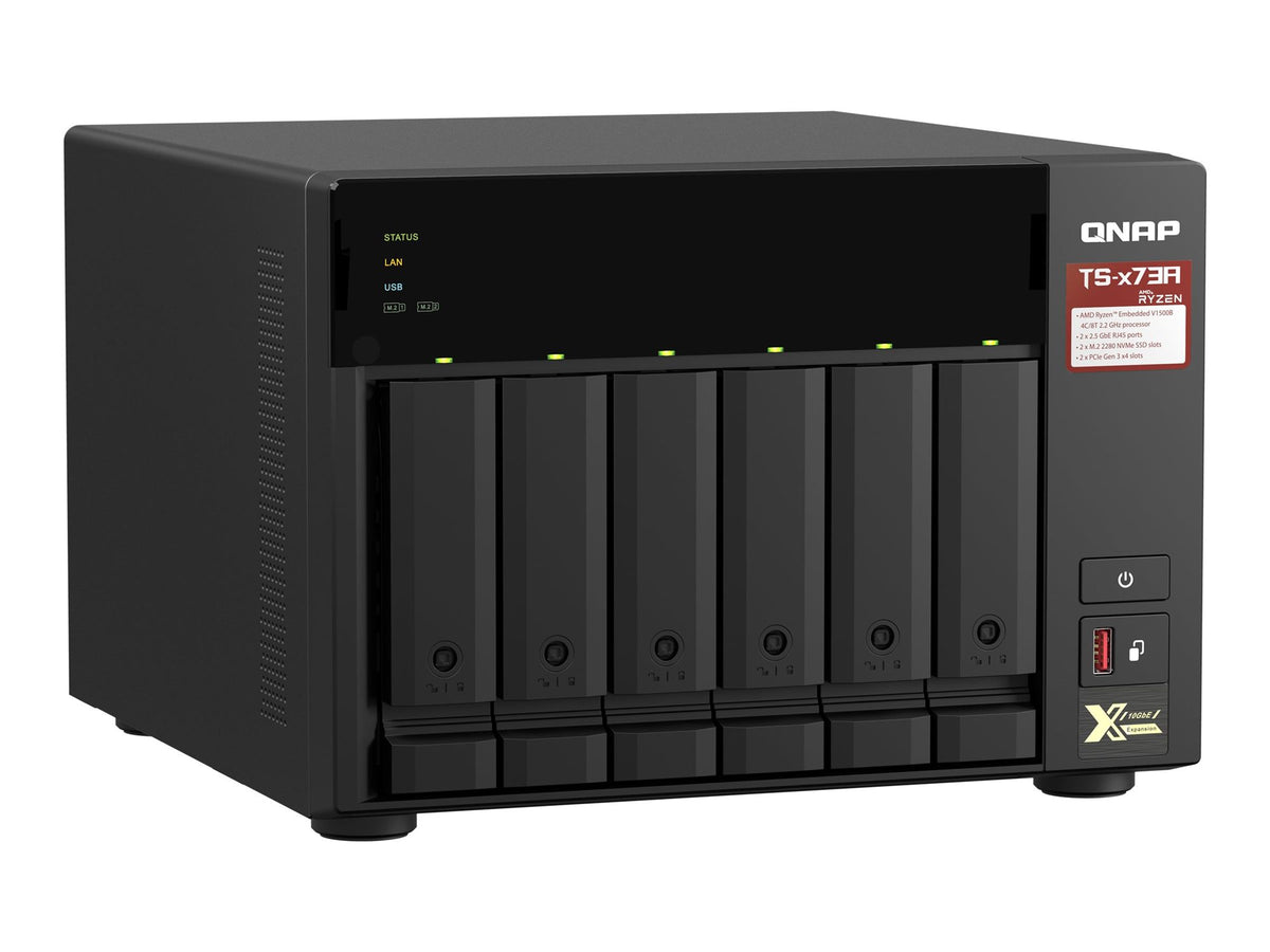 QNAP 6-bay NAS AMD Ryzen Embedded V1500B 2.2GHz 8Go 6xSATA 6Gb/s bays 2xM.2 NVMe PCIe Gen3 SSD slots 2x2.5GbE LAN optional 10GbE