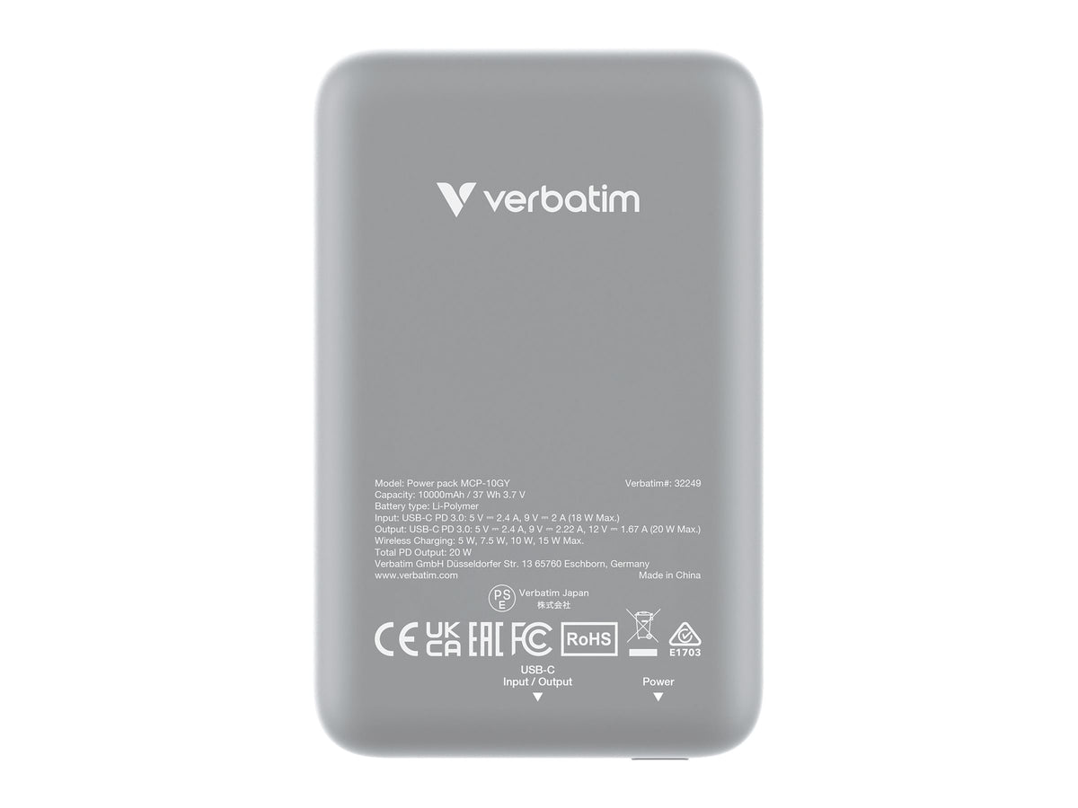 VERBATIM CHARGE N GO MAGNETIC WIRELESS POWER BANK 10000 GREY WCF (P)
