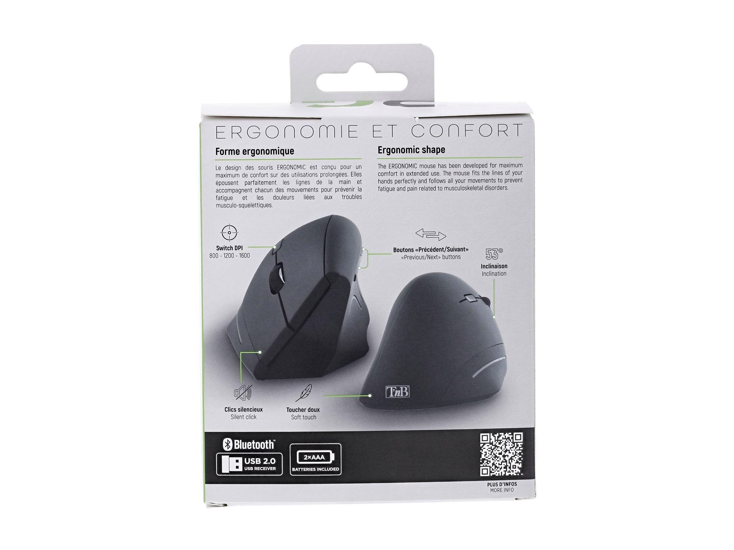 TNB ERGO - Souris sans fil ergonomique verticale ultra légère Bluetooth + USB-A 2.4 GHz - noir