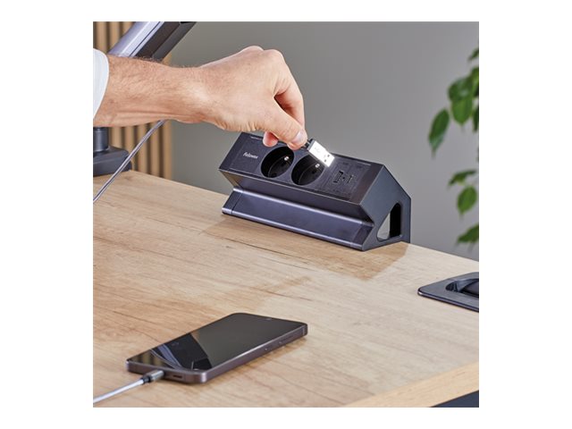 FELLOWES PRISE POUR BUREAU ÉLECTRIQUE TYPE E - NOIR Équipé de 2 x prise de courant 230v 1 x port USB-A 18w max et 1 x port USB-C