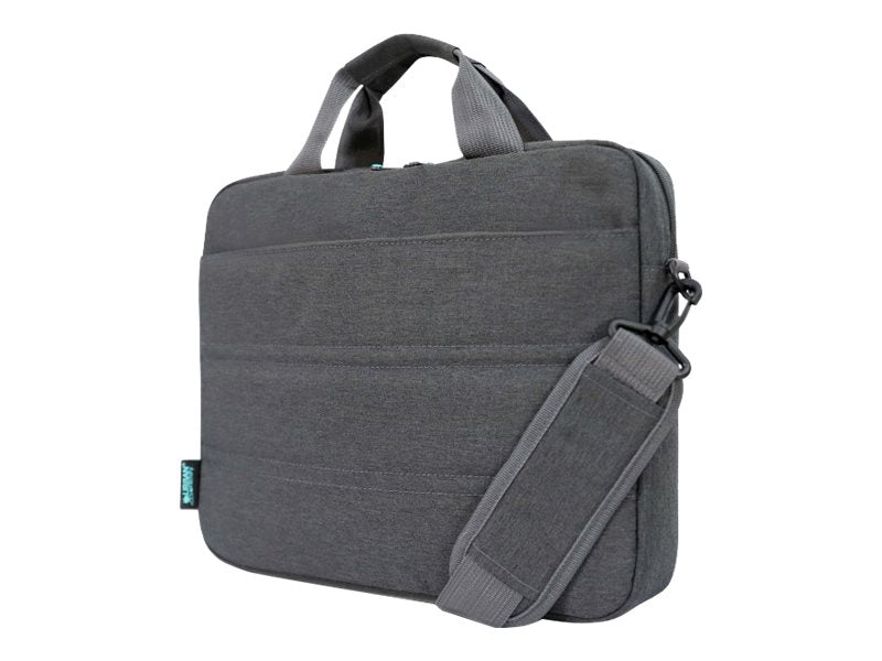 URBAN FACTORY Toploading bag made of recycled Nylon r-PET Reinforced notebook compartment Flat front pocket with zip Back patch