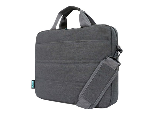 URBAN FACTORY Toploading bag made of recycled Nylon r-PET Reinforced notebook compartment Flat front pocket with zip Back patch