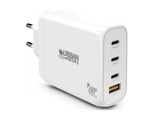 URBAN FACTORY Powee Gan Charger USB-C 100W - 3 Port Usb-C 65W + 1 Port Usb-A 18W Fast Charge