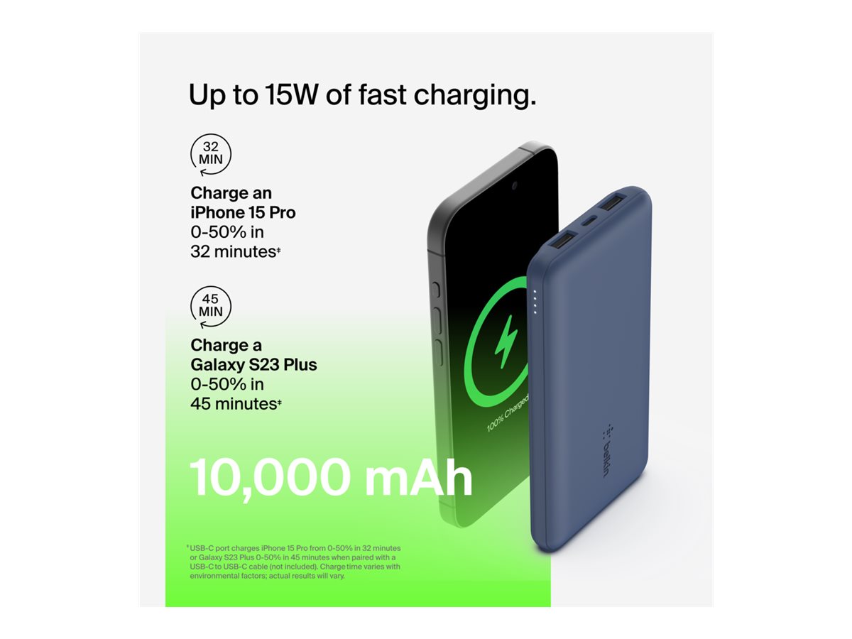 BELKIN Batterie externe 3 ports 10K avec câble USB-A vers USB-C bleu