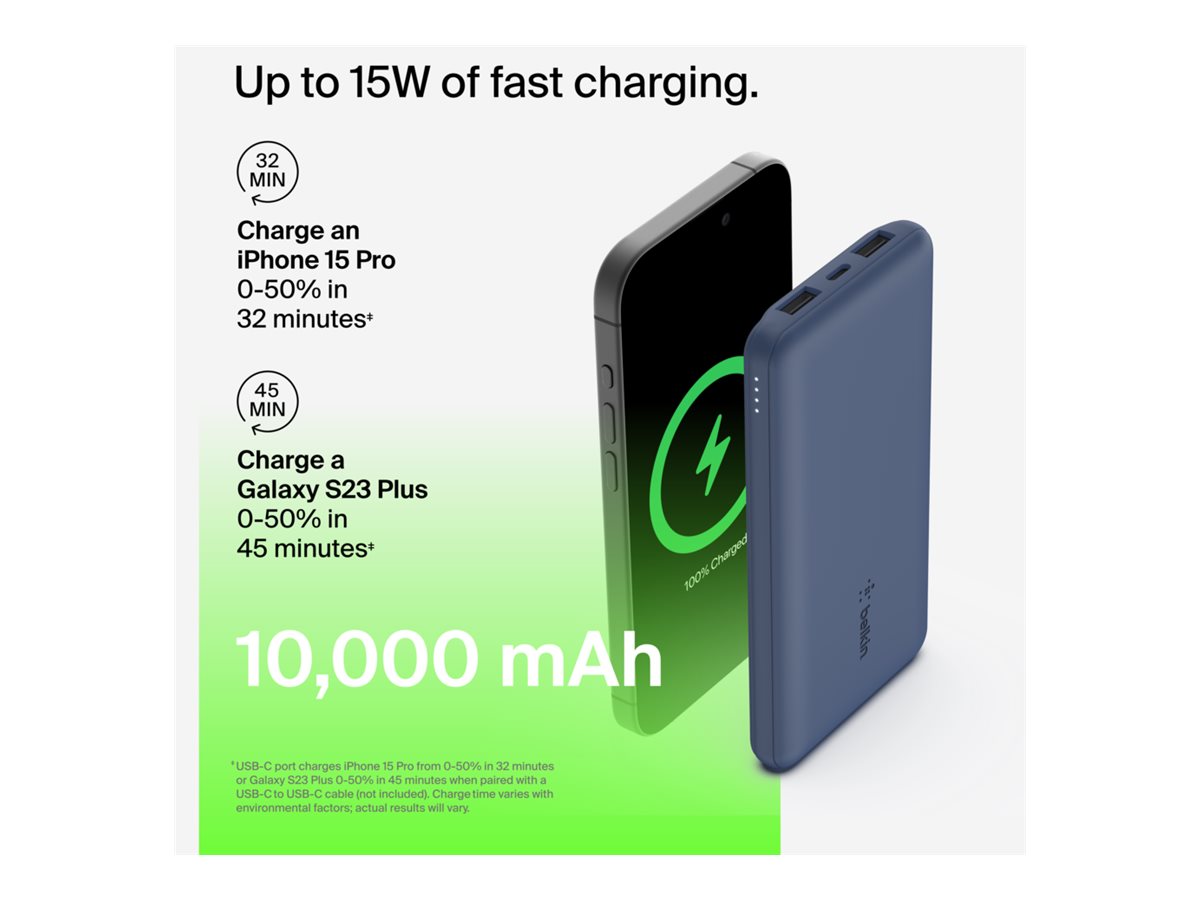 BELKIN Batterie externe 3 ports 10K avec câble USB-A vers USB-C bleu