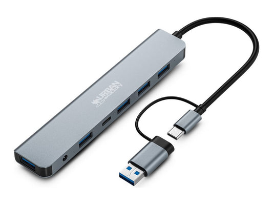 URBAN FACTORY Minee 7in1 USB-A/C Hub With 5 USB-A / 1 USB-C And DC Input Sideral Grey With Power Adapter