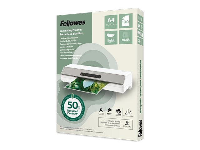 FELLOWES Pochettes de plastification A4 avec 50 pourcentage de contenu recyclé - usage léger mate lot de 100