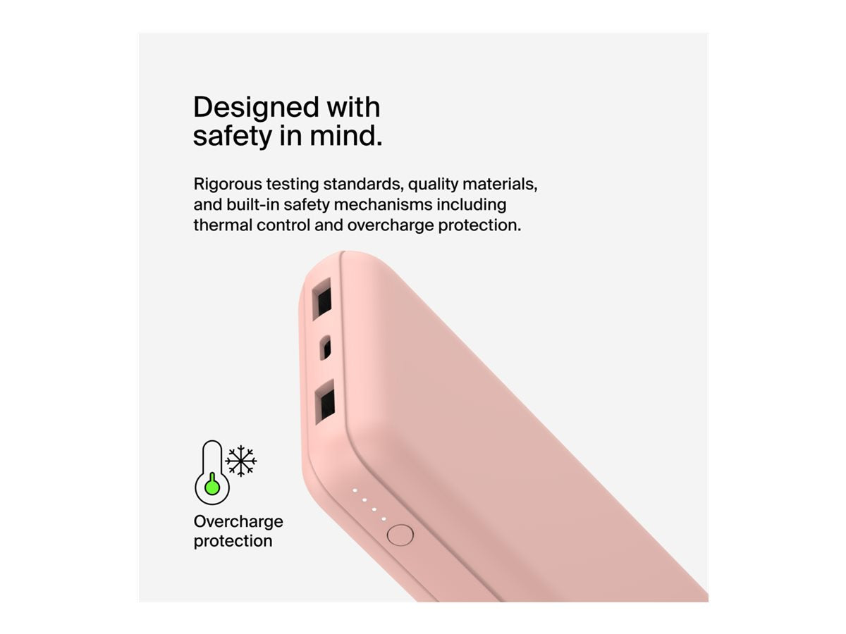 BELKIN Powerbank 20K 15W USB-C cable inclus + 2 USB-A Rose
