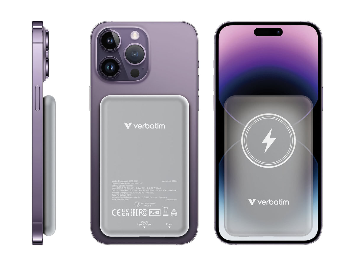 VERBATIM CHARGE N GO MAGNETIC WIRELESS POWER BANK 5000 GREY WCF (P)
