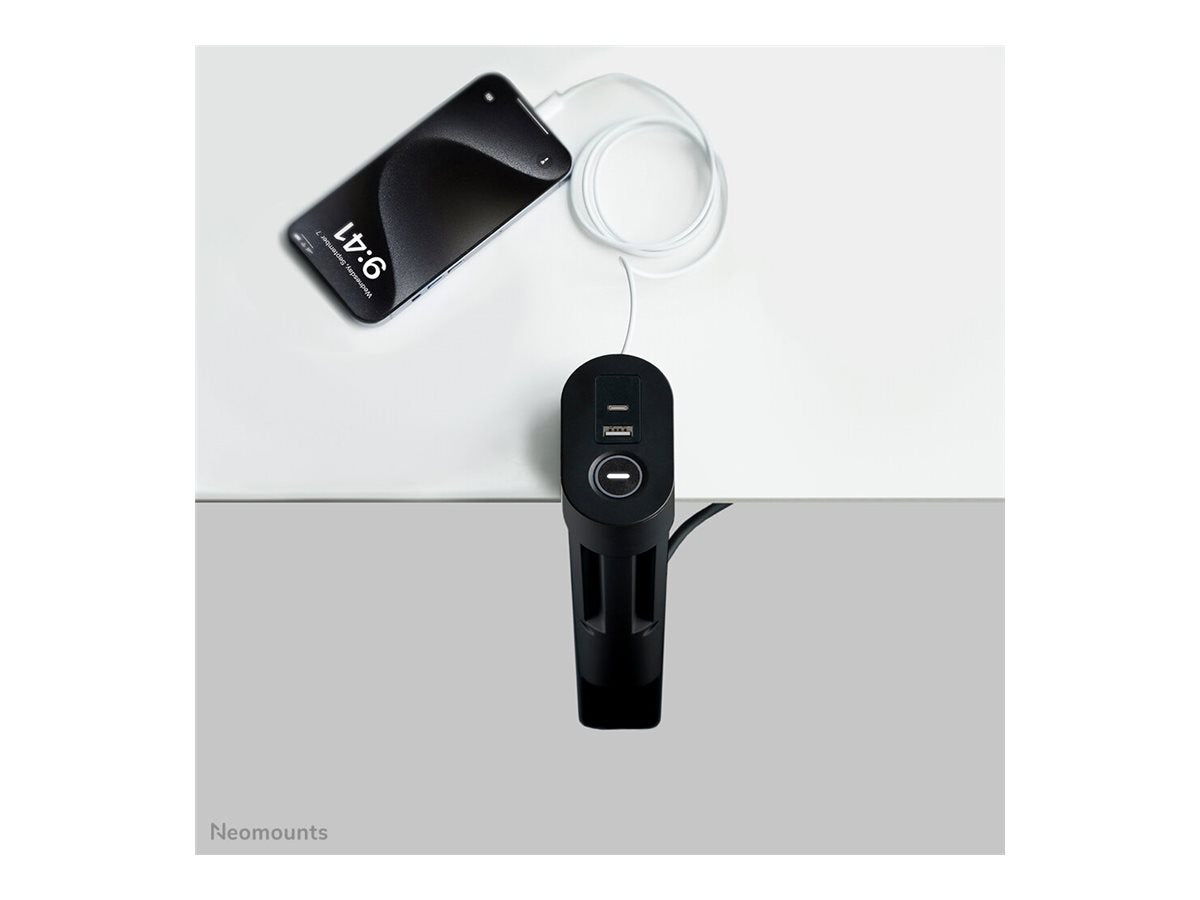 NEOMOUNTS VOLT Desk Clamp socket with Quick-charge USB Ports clamp 0-50mm 3x type-F 230V 1x USB-A 18W 2x USB-C 20W