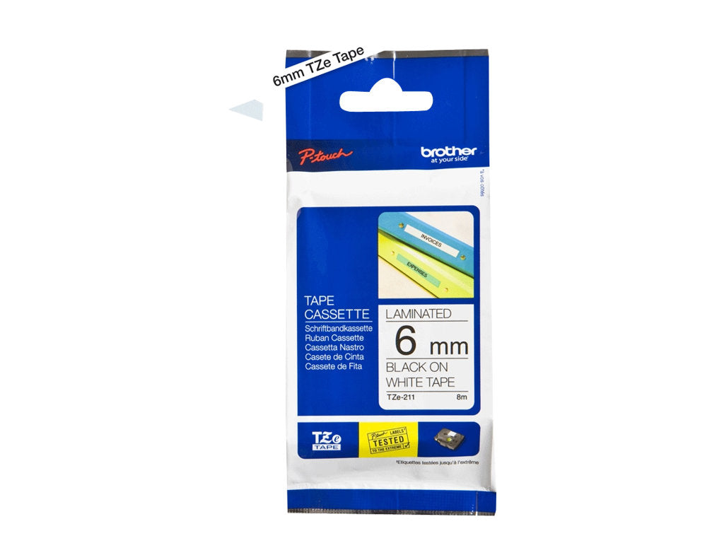 BROTHER P-TOUCH TZE-211 noir sur blanc 6mm